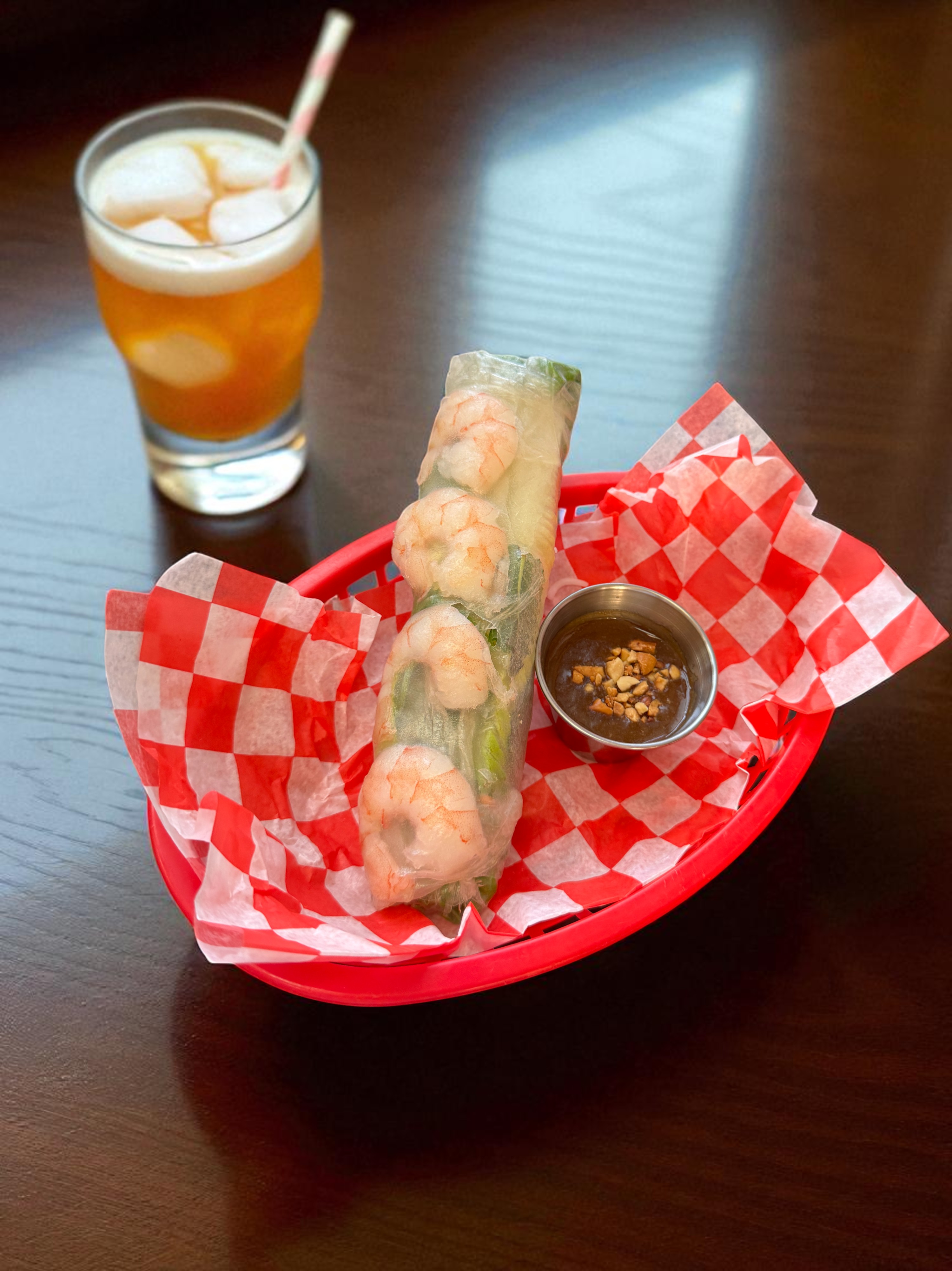 Shrimp Salad Roll - Fresh spring rolls filled with succulent shrimp, crisp vegetables, herbs, and served with peanut sauce